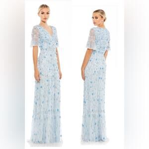 Mac Duggal EMBELLISHED V NECK EMPIRE WAIST RUFFLE HEM GOWN